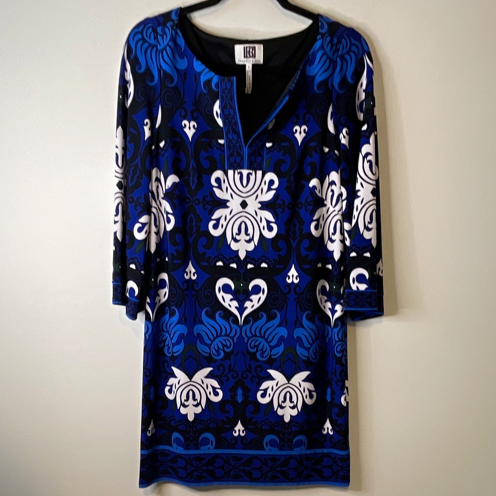 Laundry by Design Dress Women's 8 Blue Black White Damask Shift V-Neck